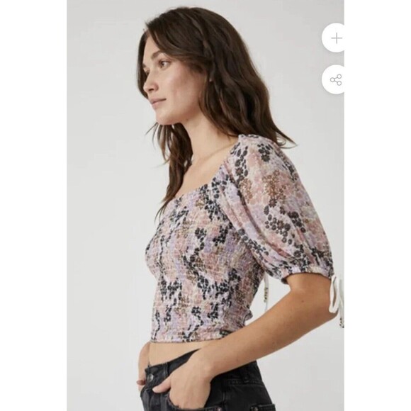 Free People Back on Top Crop Smocked Shirt Blouse Puff Sleeve Size M NWT - Picture 4 of 12